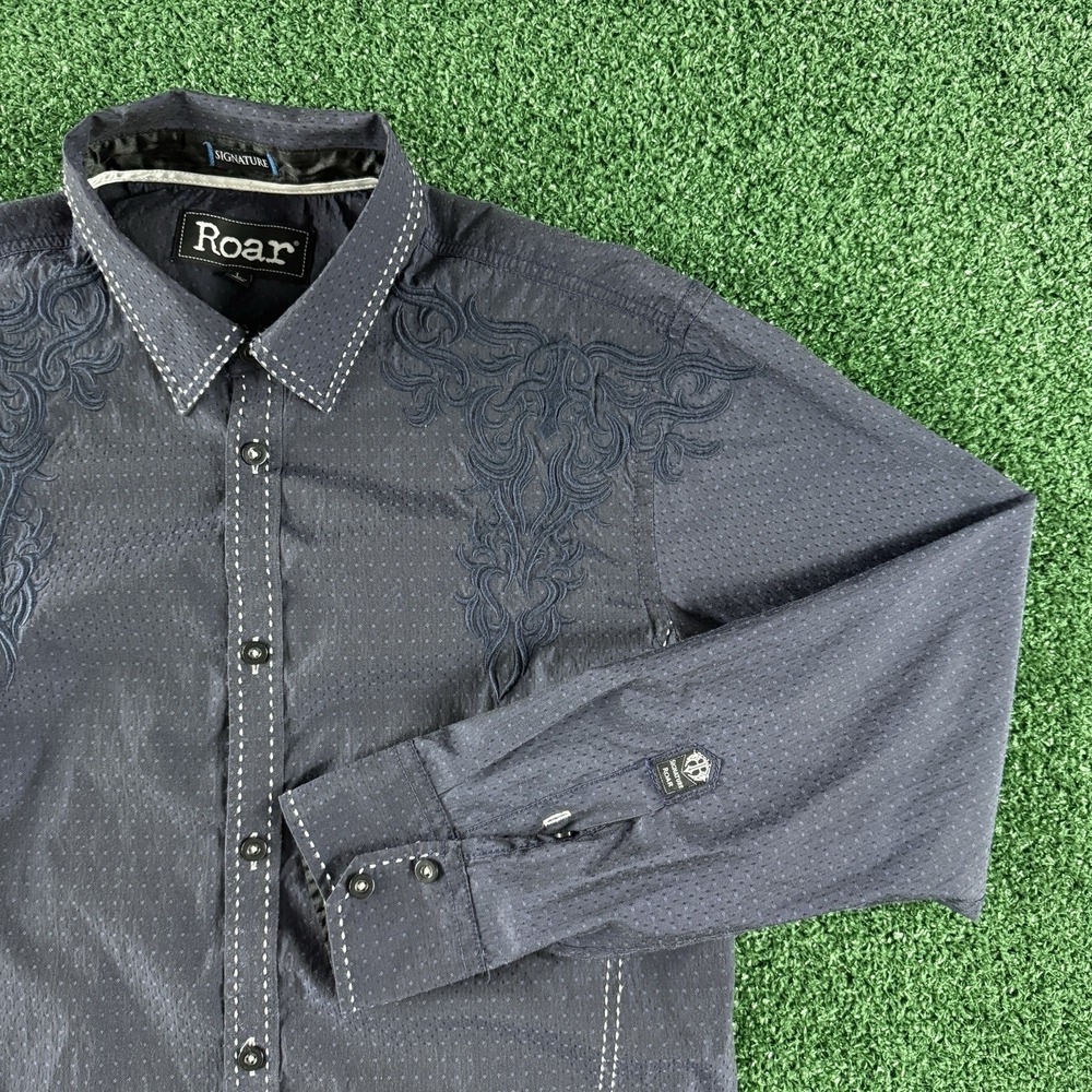 Roar Men's Long Sleeve Button Shirt Size Large Blue Embroidered